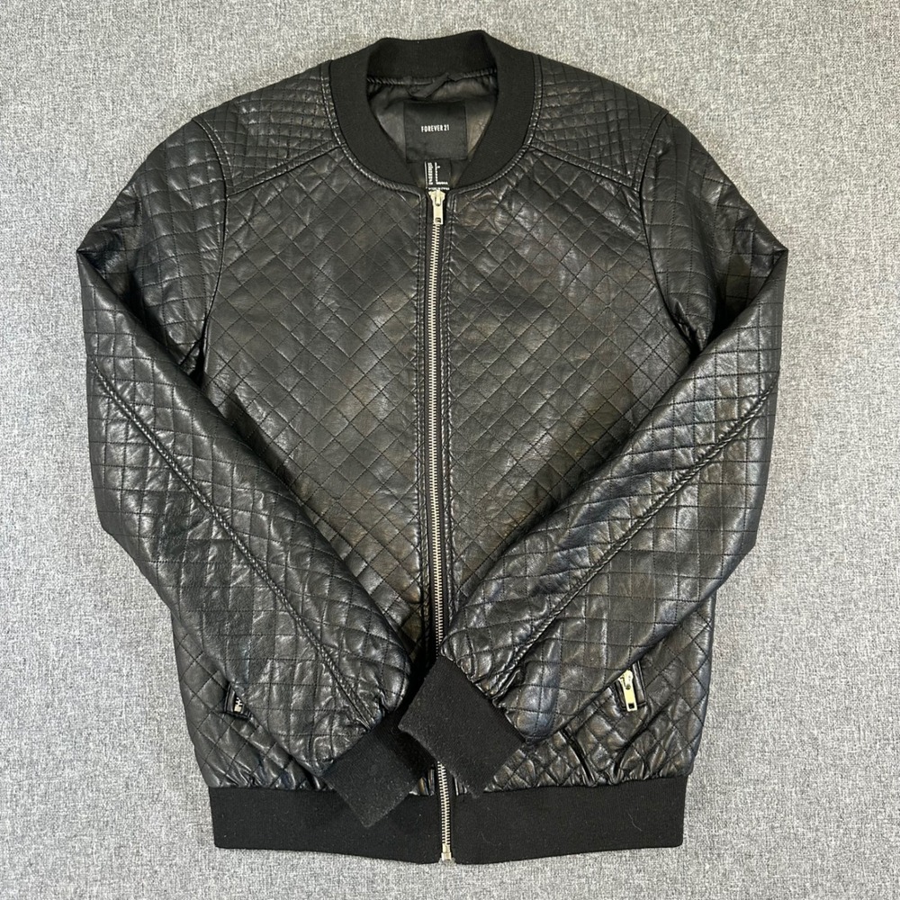 Forever 21 Womens Quilted Faux Leather Bomber Jacket‎ Black Zip Moto Coat Small